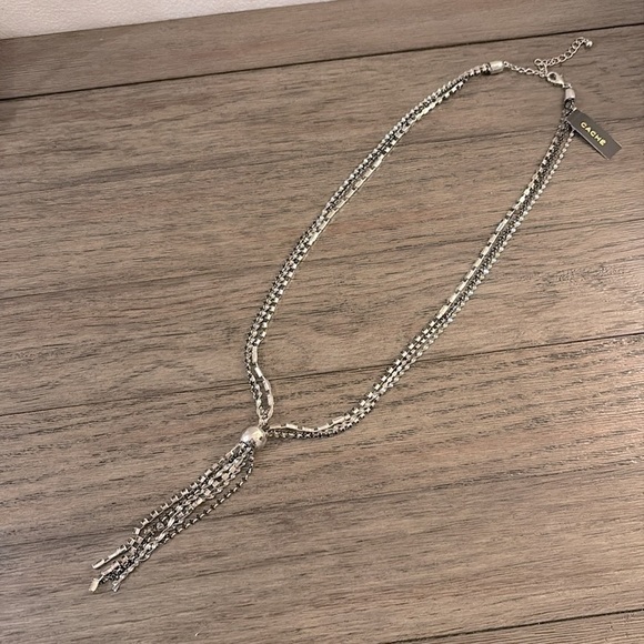 NWT [Cache] Silver Rhinestone Strands Tassle Lariat Pendant Adjustable Necklace - Picture 4 of 10